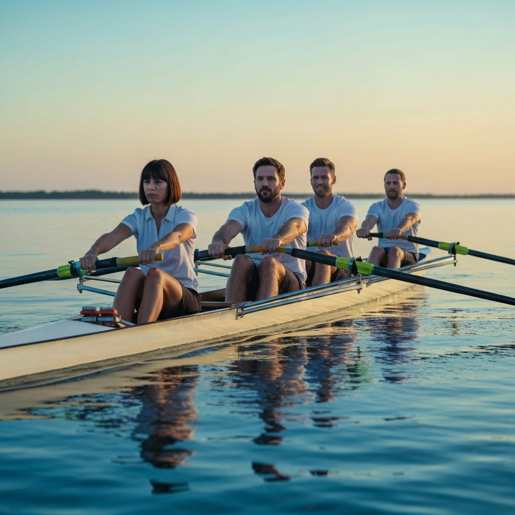 Team rowing together